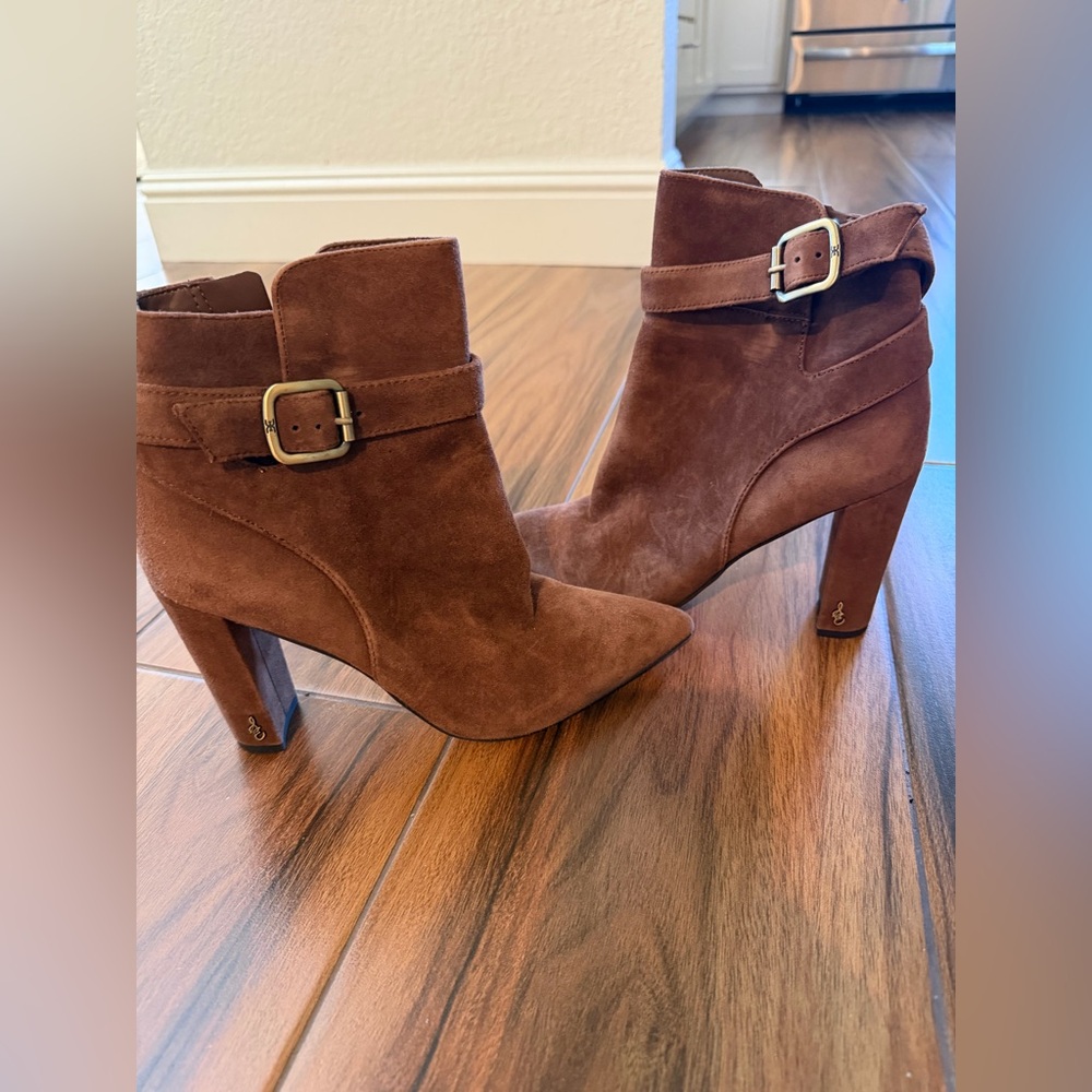 Sam Edelman Brown Suede Pointed-Toe Ankle Boots with Buckle-size 7.5